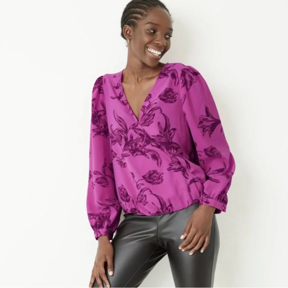 A New Day Women's Floral V Neck Blouse  Purple Size Size XXL